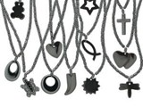 Hemalyke Necklaces
Hemalyke™ is an economical alternative to hematite, with the same versatile gunmetal grey that blends well with every color. 
12 popular pendant shapes, including heart, cross, turtle, dragonfly and star. 
Finished with an easy-to-use screw-style clasp, also known as a barrel clasp, made of imitation rhodium-finished steel. 
Available:  Contact Us
Limited Quantity!