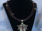 Dragonfly Necklace
5-Strand Leather Rope
Israel Red Bronze Bail
Copper Dragonfly w/Rose Swarovski Crystals
Dragonfly Floats on green glass leaf
SOLD! 