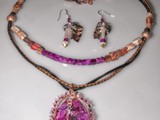 Fuschia Crazy Lace Agate 
Sterling Silver Dragonfly
Fuschia Crazy Lace beads, Cultured Pearl, hand wrapped copper bail with Fuschia, Lt Rose, and clear Swarovski Crystals
Matching Sterling Silver & Copper Earrings
SOLD!